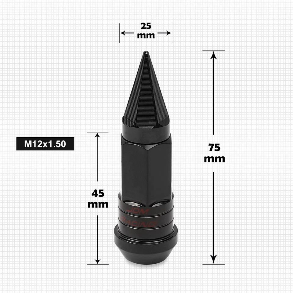 Tuercas de rueda cónicas JDM M12X1.5 negras + bloqueo Spline + tapa con púas + llave 25 mm x 75 mm 20 piezas Foto 2 de 3