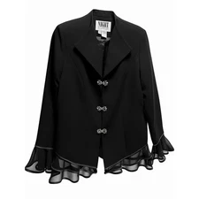 Night Studio New York Black Ruffle Hem Blazer with Vintage Button Clasp -Size 12