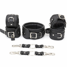 Real Leather BDSM Cuffs Set Black   Padded Wrist, Ankle, Collar  Connectors