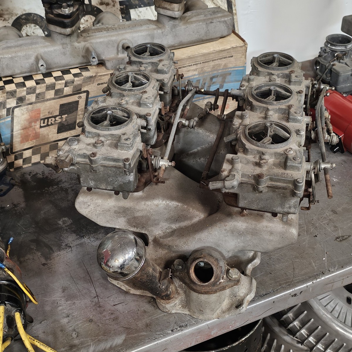 vtg Edelbrock X-1 6x2 Crossram Intake w Carbs Linkage chevy sbc