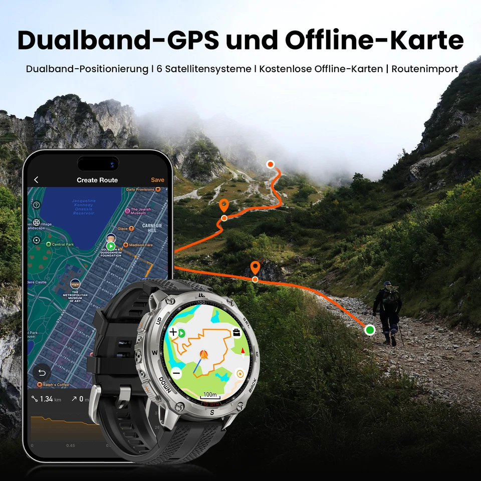 KOSPET TANK T4 GPS Smartwatch Herren Globale Offline-Karten 45m Freitauchen NEU - Bild 4 von 4