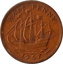 1957 UK Half Penny Elizabeth II Bronze Coin Pre-Decimal Collectible KM# 896
