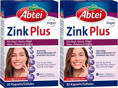 Abtei Zink Plus - mit Biotin und Folsäure - 2 x 32 Kapseln - Vegan