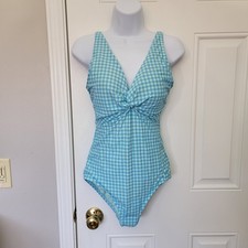 Lands End Light Blue White Gingham Check Twist Front One Piece Bathing Suit 10