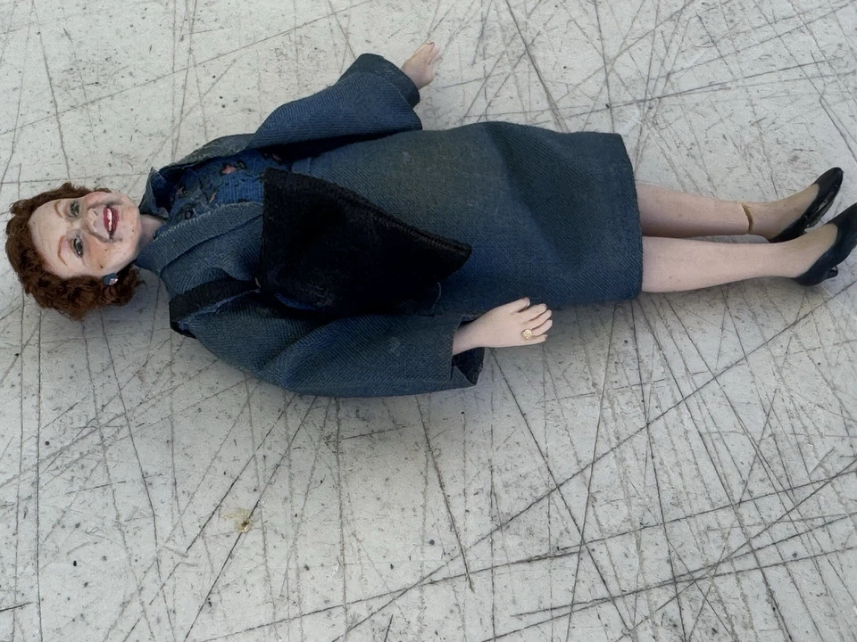 Vintage Dollhouse Miniature Doll Working Lady Blue Dress Hard Material 5" Wealth - Image 3 of 4