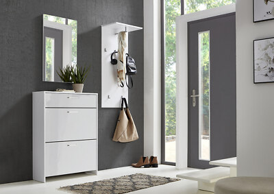 Garderobenset Garderobe BERGAMO 3-tlg. in weiß / weiß Hochglanz Metallgriffe