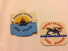 2 NEW RARE 1999 HARVEY CEDARS SEASONAL BEACH BADGE LONG BEACH LBI NJ JERSEY Pin