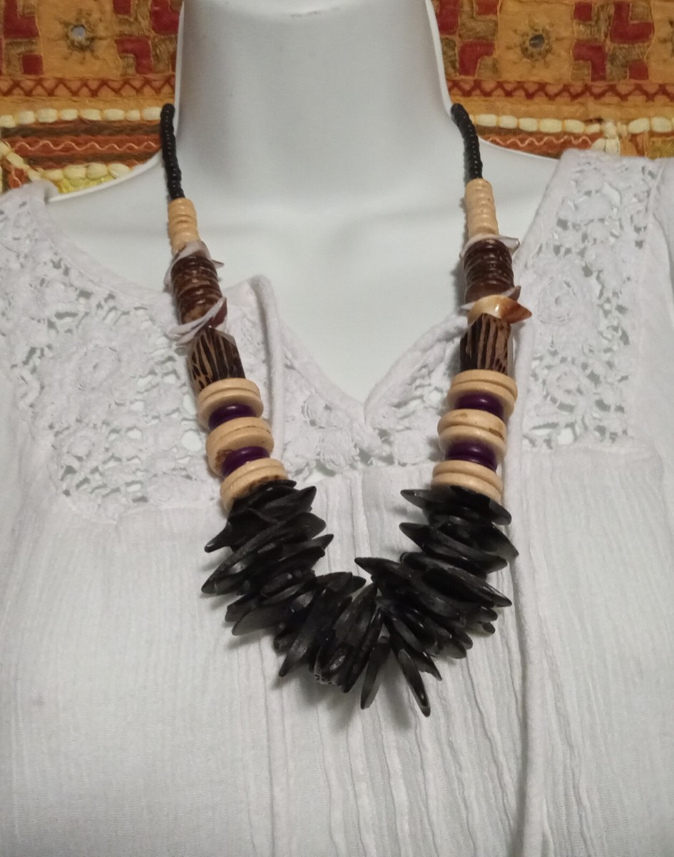 Chunky Wood Bead Necklace Black & Brown Chipped Wood Bead Shell 24" View 5