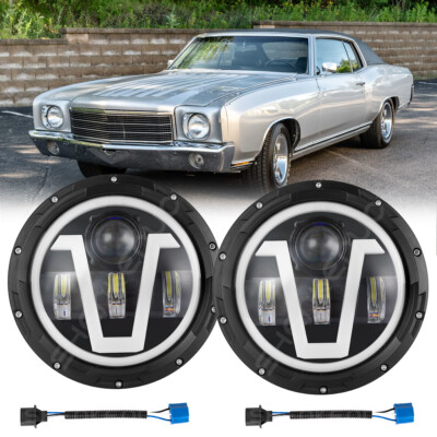 Pair 7'' Inch Round LED Headlight Halo Angle Eyes For Chevy Monte Carlo 1970-1975
