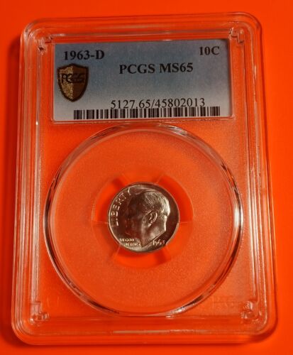 1963 -D 10C MS65 PCGS GOLD SHIELD .90 SILVER ROOSEVELT DIME!!!!!!!!!!!!!!!!!!!!!