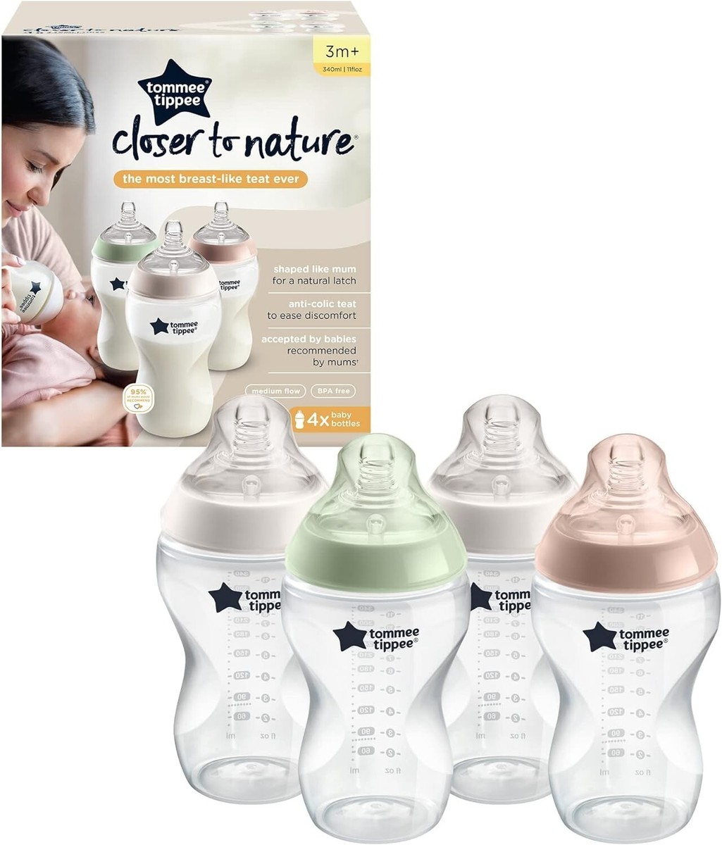 Tommee Tippee 4x 340ml Closer Nature Baby Bottles Teat 3m+ UK