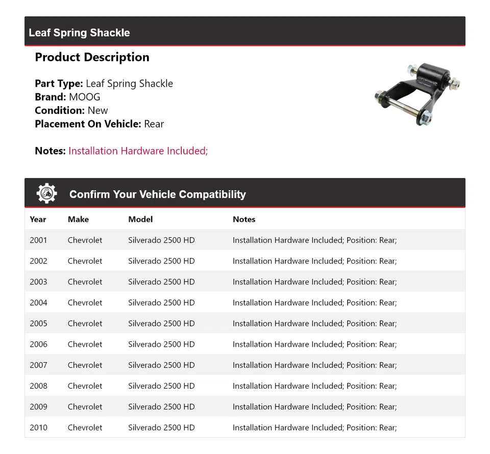 For 2001-2010 Chevrolet Silverado 2500 HD Leaf Spring Shackle Rear MOOG 2001 — 第 2/4 张图片