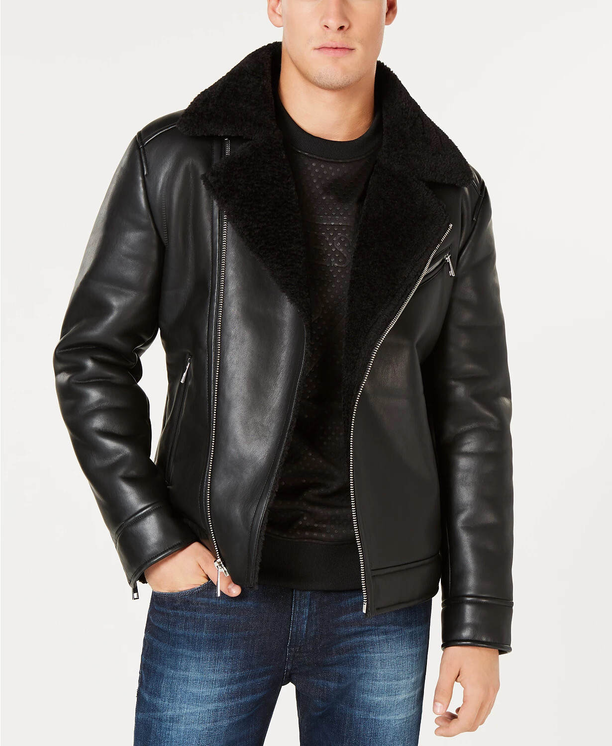 GUESS Mens Asymetrical Faux Leather 