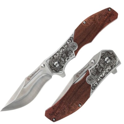 Smith & Wesson Unwavered A/O Folding Knife 3.5 Stainless Blade Brown Wood Handle