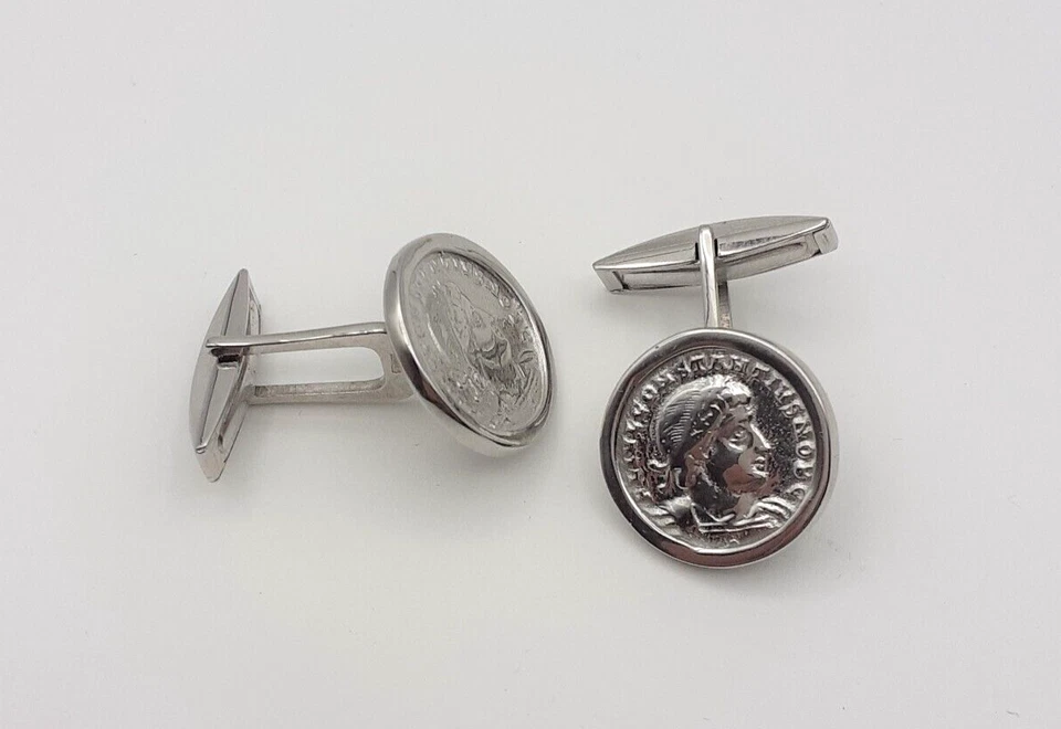 Gemelli camicia argento 925 polsini uomo donna cufflinks gioiello moneta romana - Immagine 3 di 4