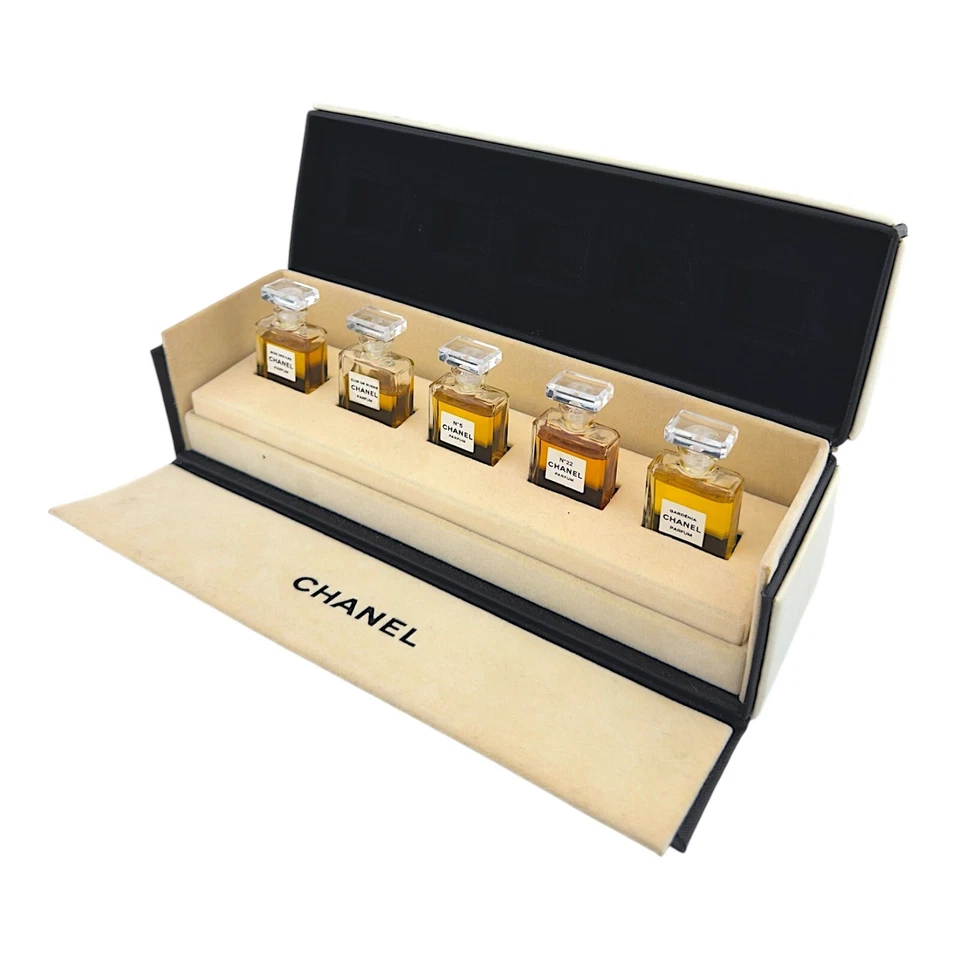 Chanel 1978 5 piezas Perfume Coffret Set Nº5 22 Gardenia Cuir Bois Vintage Nuevo en caja Francia Foto 3 de 4