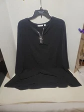 Susan Graver Long Sleeve Blouse Relaxed Flow Black Rhinestone V Neck PLUS 3X NEW