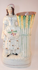 Large 14" Victorian Staffordshire Flatback Spill Vase Lady Harvester c1850  VGAC
