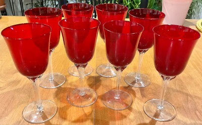 STUNNING RUBY RED WINE WATER GOBLETS CLEAR ART GLASS BOW TIE STEM SET OF 8