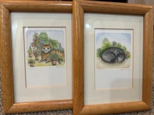 Birgit Krabiell Etching Watercolor Cat Art Framed Pair