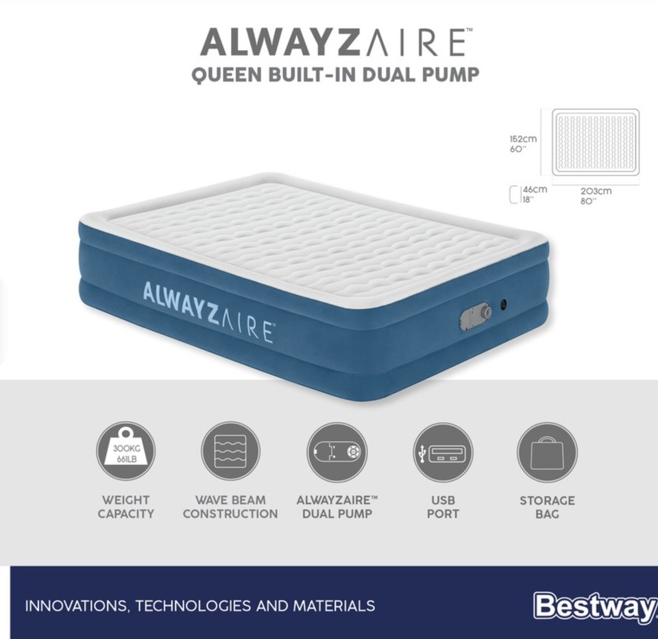 Bestway Alwayzair Queen Air Bed Inflatable Mattress Builtin Dual