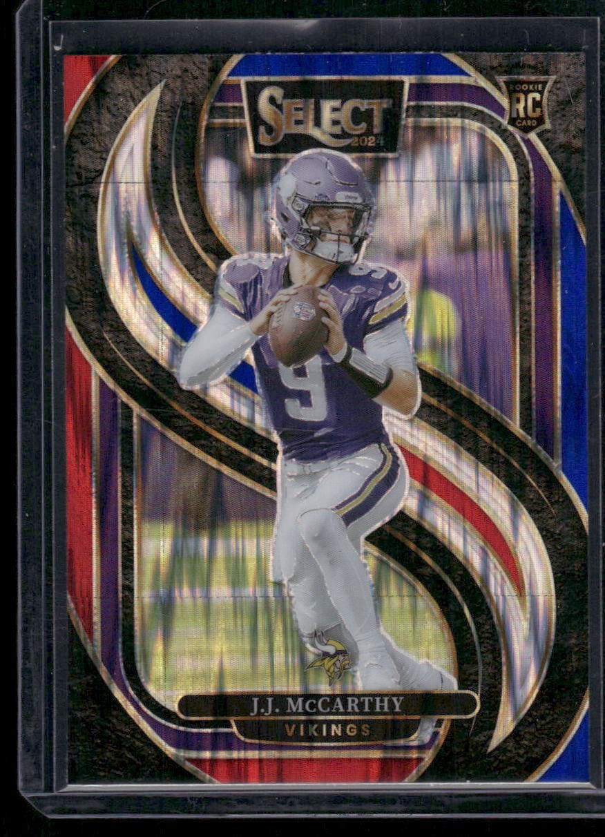 2024 Panini Select - Premier Level J.J. McCarthy #134 Red & Blue Shock  (RC)