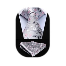 Men Floral Ties Woven Classic 3.4" Necktie Set Formal Tie Silver Floral-1
