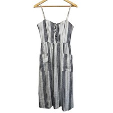 Reformation Ellen 100% Linen Midi Dress 4 Lace Up Front White Grey Stripe Beach