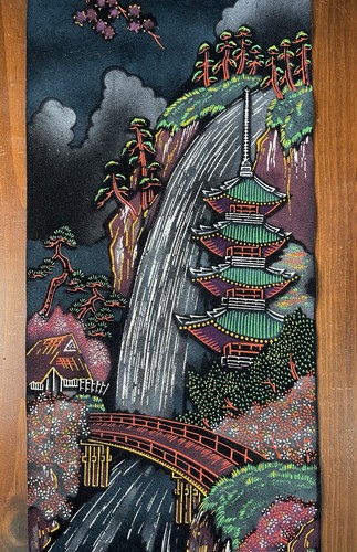 Vintage Japanese Black Wall Scroll Mt. Fuji Pagoda Waterfall