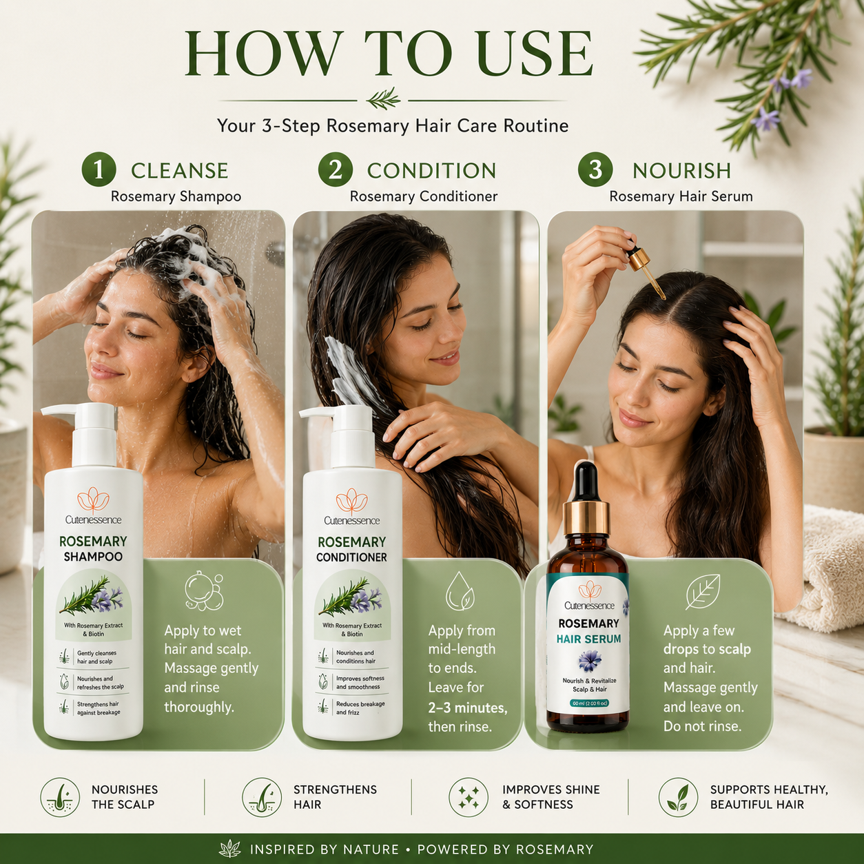 Rosemary Hair Care 3-Step Set — Shampoo + Conditioner + Hair Serum