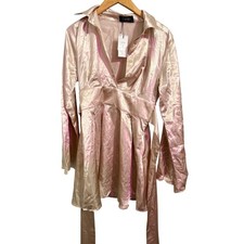 Cider Satin V Neck Button Front Mini Dress Glowy Champagne Belted Flare Sleeve