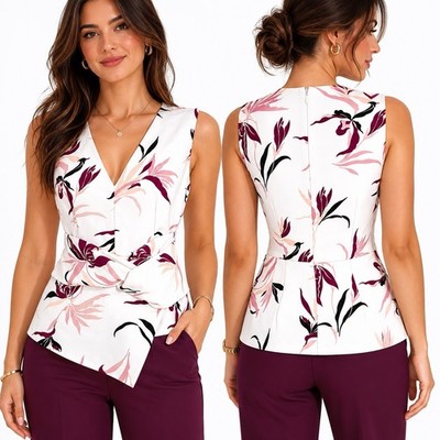 Keepsake Floral Assymetrical  Peplum Top Womens SZ L Next Century Living Doll