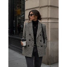 Zara Double Breasted Gingham Blazer XS Black White Gingham Excellent Condition