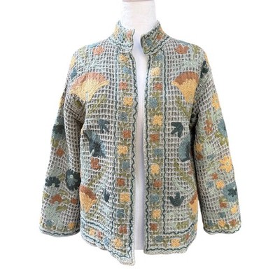 Artisan Womens S Gray Floral Embroidered Cotton Linen Reversible Jacket Boho