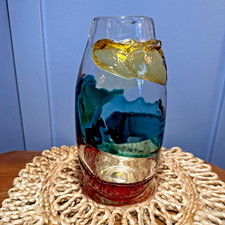 Murano Style Sommerso Biomorphic Art Glass Vase Teal Amber Red 11  