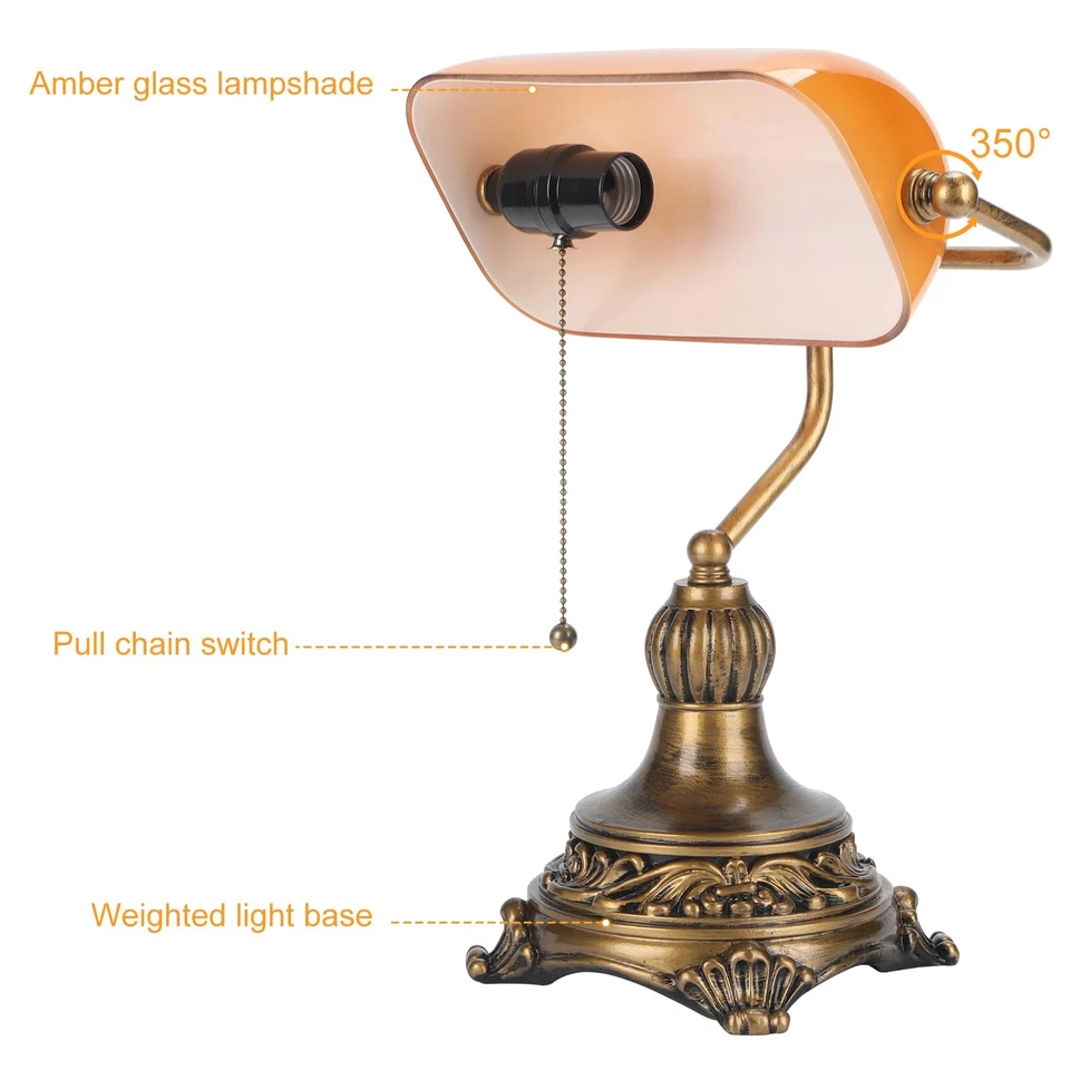 Lâmpada Bankers com interruptor de puxar, abajur de mesa de vidro âmbar com fi retrô preto/dourado... - Imagem 4 de 4