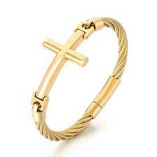 Bracciale ID Croce Massiccia Oro Acciaio Inox Hip-Hop Filo Cavo Braccialetto 6mm