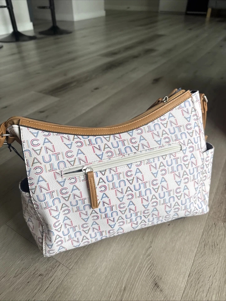 Bolso Nautica 12x9 Pulgadas Azul Marino Blanco Marrón HOBO Nuevo Con Etiqueta Raro Foto 2 de 4