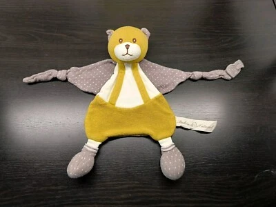 Doudou Plat/Mouchoir Chat/Ours Gris Jaune Blanc Attache Tétine Bukowski Natural - Photo 1/4