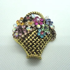 Summer Basket Floral Crystal Brooch Costume Jewellery Rhinestone Metal base bask