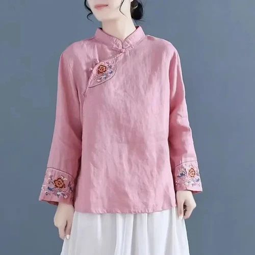 Blusa Camisa Mujer China Bordada Floral Cuello Mandarín Retro Top Étnico - Imagen 13 de 19