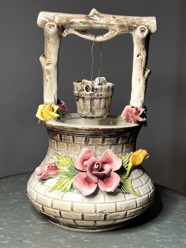 Capodimonte Porcelain Wishing Well with Roses Made in Italy Vintage