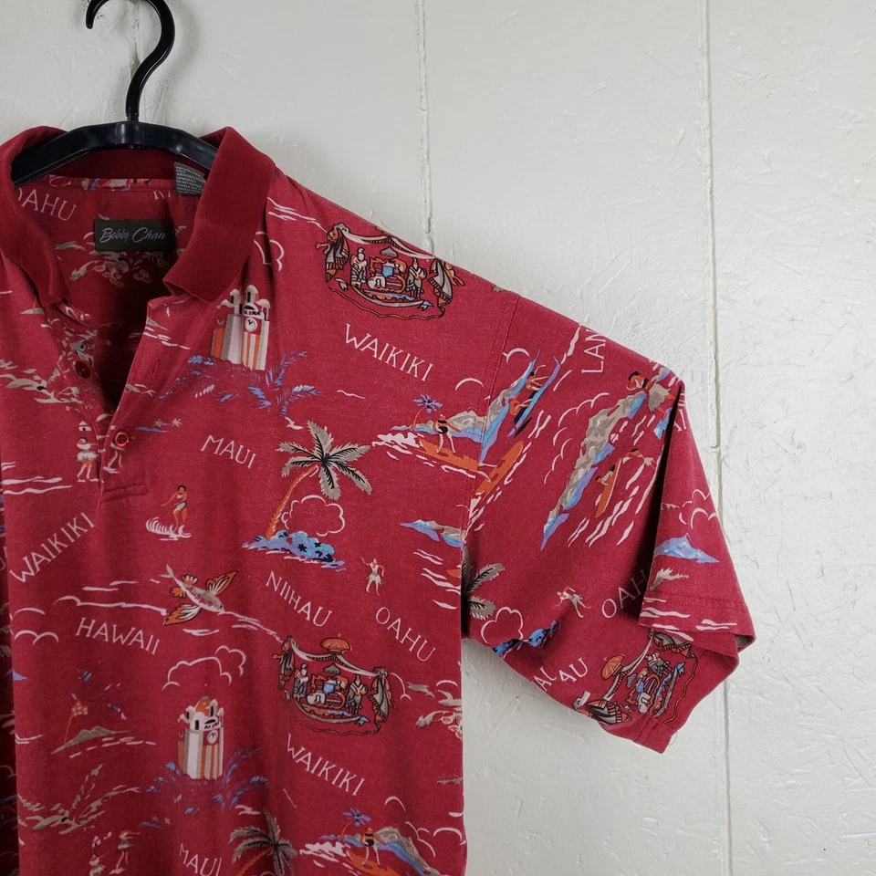 Рубашка поло Bobby Chan мужская очень большая красный воротник короткий рукав шелковая смесь Гавайи - Изображение 3 из 4