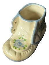Vintage Blue Cream Ceramic Baby Shoe Planter Good Used Condition 3.25  T x 5.5  L