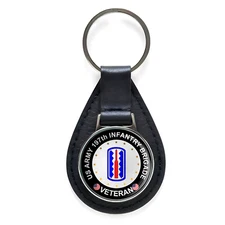 US Army 197th Infantry Brigade Veteran Black Leather Keychain Silver Keyring