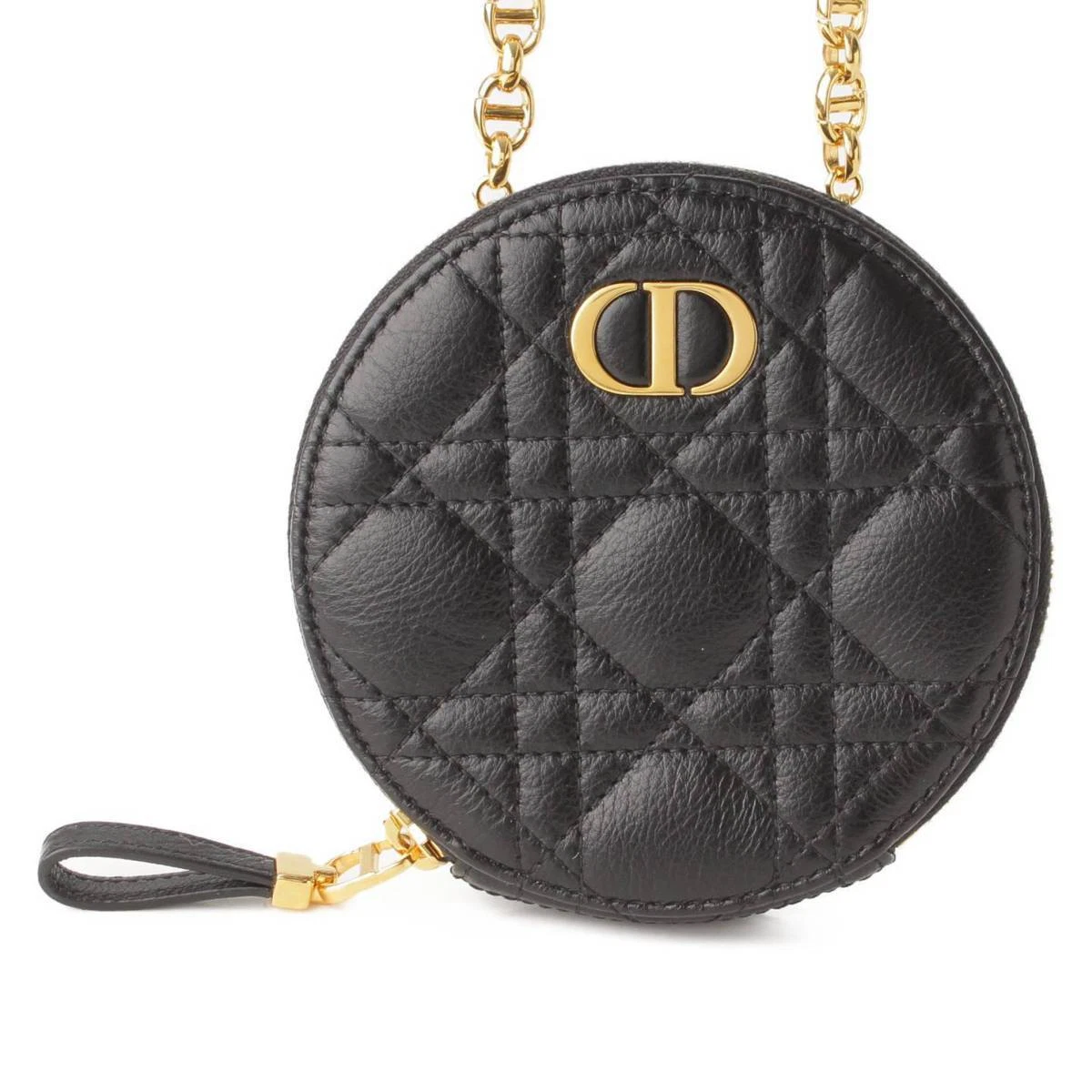Auth DIOR Caro Leather Chain Shoulder Round Pouch S5092UWHC M900 Black 172400