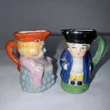 2 Occupied Japan Ceramic Hand Painted Miniature 2" Man Toby Mugs Small Pitchers