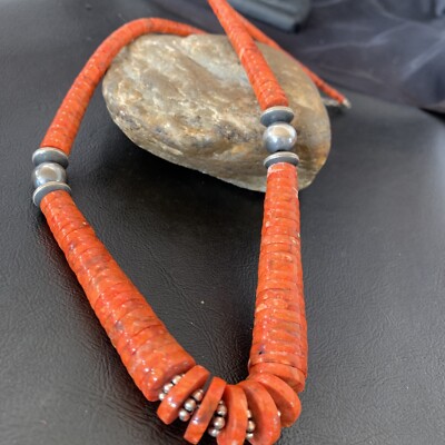 Apple Sponge Coral Graduated Bead Navajo Sterling Silver 25'' Necklace 11752