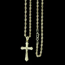 Real 10K Yellow Gold Diamond Cut Jesus Crucifix Cross Charm Pendant & Rope Chain