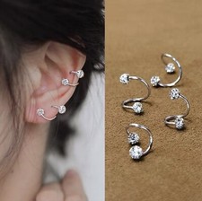 Womens Silver CZ Ball Spiral Huggie Hoop Earrings Trendy Jewelry Surgical Steel